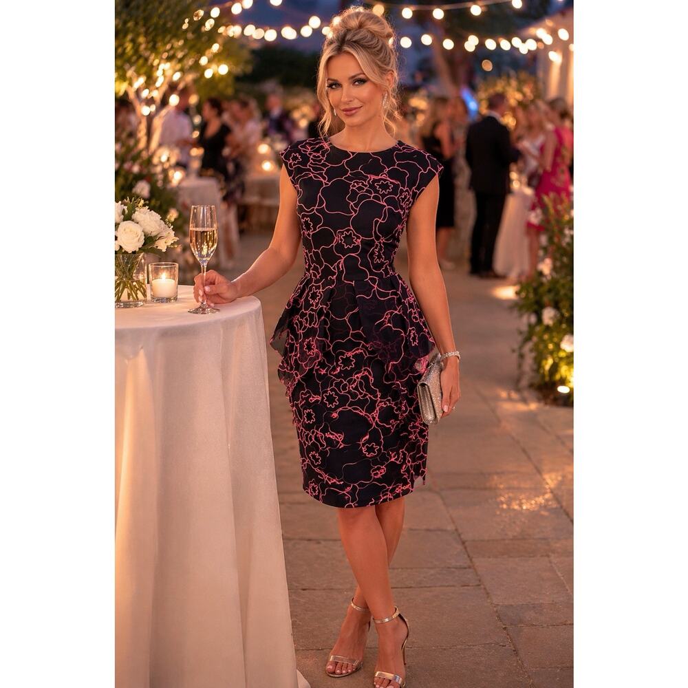 Diane von Furstenberg Leni Interlaced Silk Black Pink Floral Dress 12 NWT